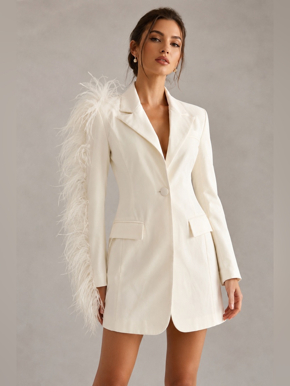 Club L London Cream Blazer with Feather Detail